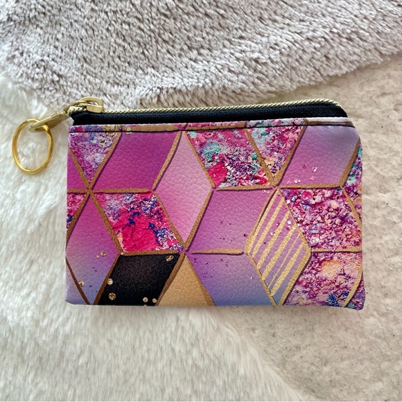 Jakari Mini Zipper Pouch/Coin Purse with Key Ring-Purple & Gold Geo - Picture 1 of 4